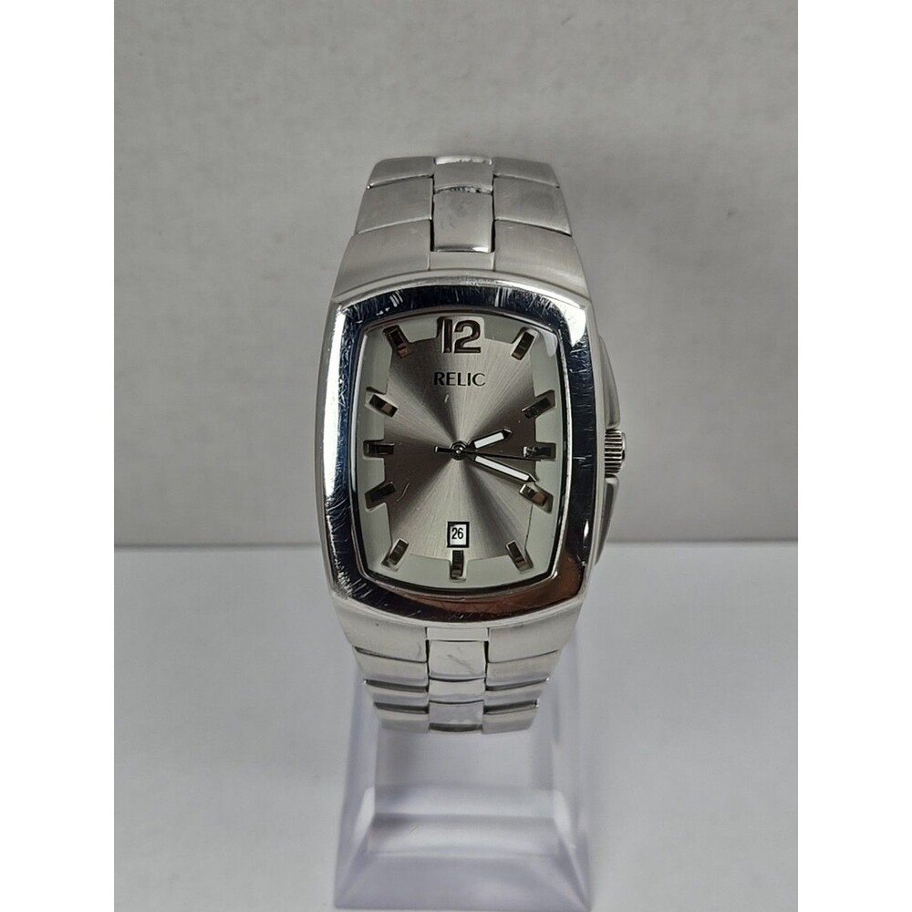 Relic By Fossil ZR77061 Mens Stainless Steel Date Tonneau Watch New Battery 30M